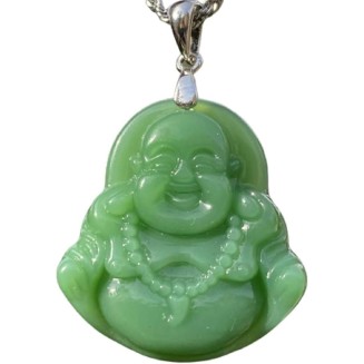 Jade Necklaces for Women Men, Natural Light Green Jade Necklace Laughing Buddha Silver Pendant Jewelry