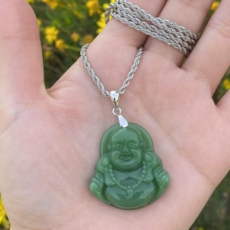 Jade Necklaces for Women Men, Natural Light Green Jade Necklace Laughing Buddha Silver Pendant Jewelry