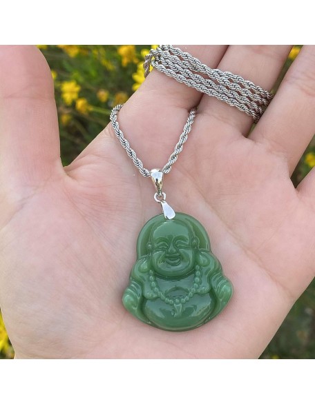 Jade Necklaces for Women Men, Natural Light Green Jade Necklace Laughing Buddha Silver Pendant Jewelry