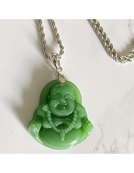 Jade Necklaces for Women Men, Natural Light Green Jade Necklace Laughing Buddha Silver Pendant Jewelry