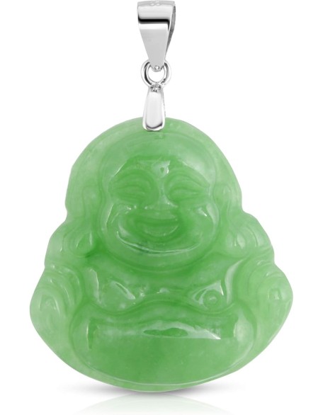 Jade Necklaces for Women Men, Sterling Silver Happy Buddha Real Jade Pendant (Green Jade)