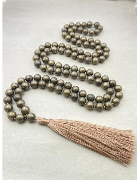  Pyrite Mala, Prayer 10mm Necklace, Tibetan Mala, Knotted Mala, Pyrite Necklace, Bead Mala, 108 Bead Pyrite Mala, Yoga, Mantra Japa Mala