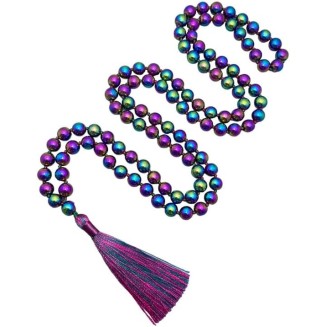  Rainbow Hematite Mala Beads Necklace 108 Mala Prayer 10mm Knotted Energy Protection Balance Healing Meditation Tassel Japa Mala