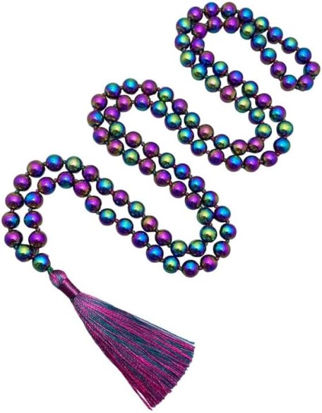  Rainbow Hematite Mala Beads Necklace 108 Mala Prayer 10mm Knotted Energy Protection Balance Healing Meditation Tassel Japa Mala