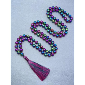  Rainbow Hematite Mala Beads Necklace 108 Mala Prayer 10mm Knotted Energy Protection Balance Healing Meditation Tassel Japa Mala