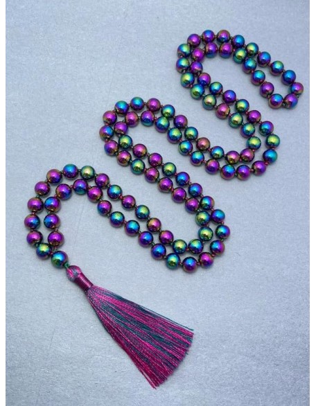  Rainbow Hematite Mala Beads Necklace 108 Mala Prayer 10mm Knotted Energy Protection Balance Healing Meditation Tassel Japa Mala