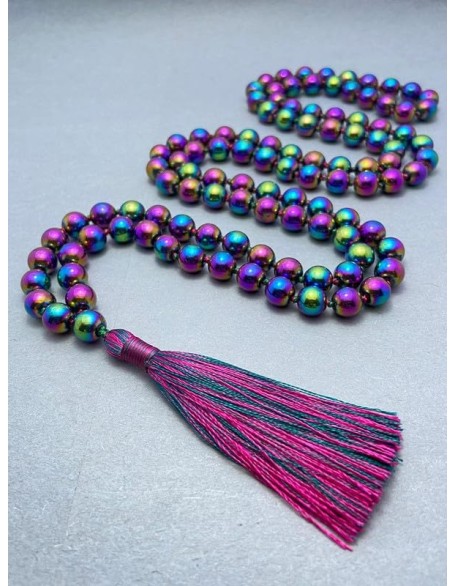  Rainbow Hematite Mala Beads Necklace 108 Mala Prayer 10mm Knotted Energy Protection Balance Healing Meditation Tassel Japa Mala