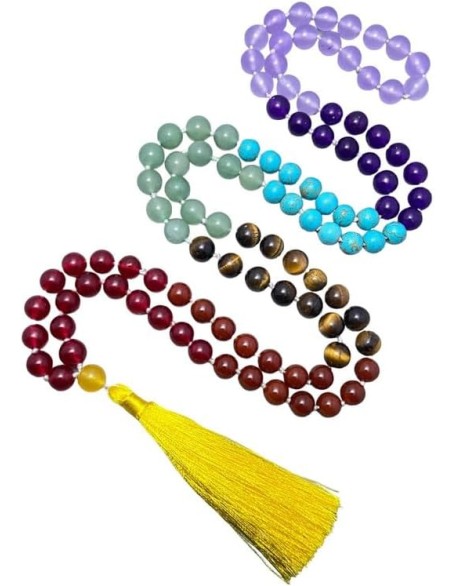  7 Chakra Mala Beads Necklace 108 Mala Prayer 10mm Knotted Energy Protection Balance Necklace Healing Meditation Tassel Japa Mala