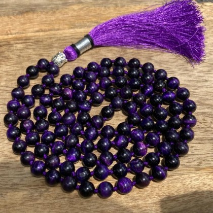  Purple Tiger Eye 108 Mala Necklace| Mala|108 Prayer 10mm Beaded Mala Necklace| Hand knotted Mala Bracelet | Japa Mala| Round Beads| Meditation Tassel