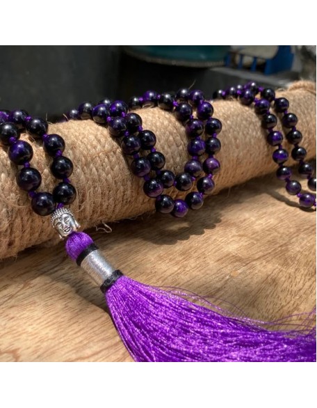  Purple Tiger Eye 108 Mala Necklace| Mala|108 Prayer 10mm Beaded Mala Necklace| Hand knotted Mala Bracelet | Japa Mala| Round Beads| Meditation Tassel