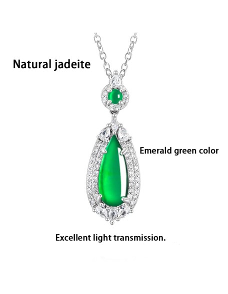 S925 Silver With Zirconia Inlaid Natural Jadeite Icy Emerald Green "Water Drop" Shape Women's Pendant Necklace