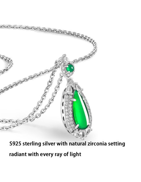 S925 Silver With Zirconia Inlaid Natural Jadeite Icy Emerald Green "Water Drop" Shape Women's Pendant Necklace