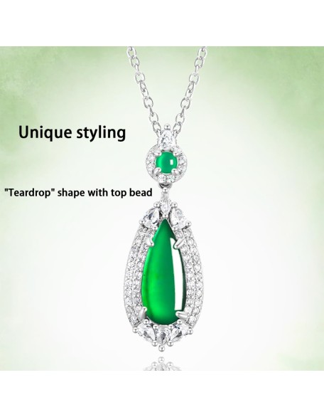 S925 Silver With Zirconia Inlaid Natural Jadeite Icy Emerald Green "Water Drop" Shape Women's Pendant Necklace