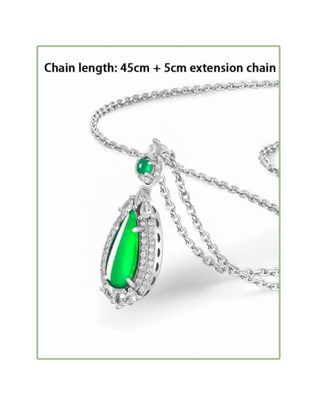 S925 Silver With Zirconia Inlaid Natural Jadeite Icy Emerald Green "Water Drop" Shape Women's Pendant Necklace