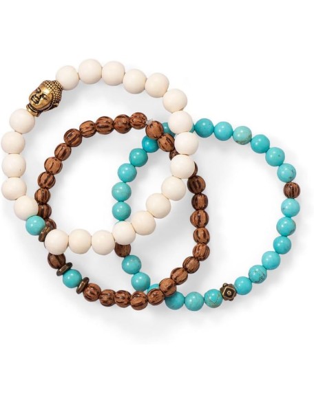 Wood and Magnesite Buddha Stretch Bracelet Set Three 7 Inch Bracelets First Has 5.5mm Beads Jewelry for Women