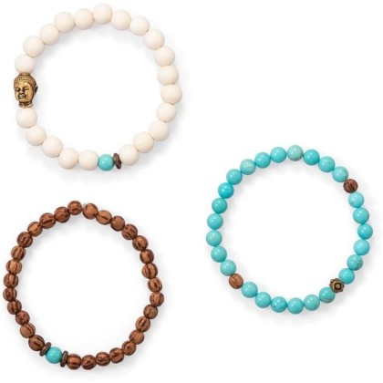 Wood and Magnesite Buddha Stretch Bracelet Set Three 7 Inch Bracelets First Has 5.5mm Beads Jewelry for Women