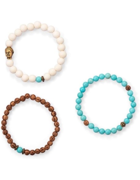 Wood and Magnesite Buddha Stretch Bracelet Set Three 7 Inch Bracelets First Has 5.5mm Beads Jewelry for Women