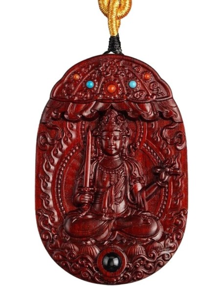 Rosewood Buddha Statue Pendant Necklace, Tibetan Buddhist Jewelry, Feng Shui Wealth Protection Lucky Amulet, Ward Off Evil Talisman, Handmade Wood Carving Religion Gift