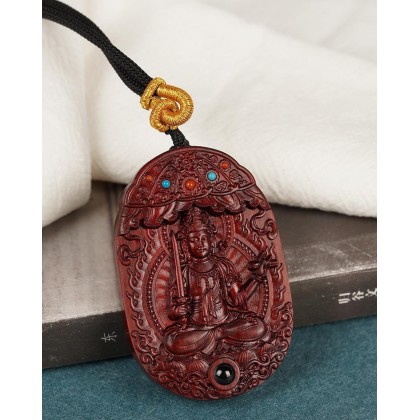 Rosewood Buddha Statue Pendant Necklace, Tibetan Buddhist Jewelry, Feng Shui Wealth Protection Lucky Amulet, Ward Off Evil Talisman, Handmade Wood Carving Religion Gift