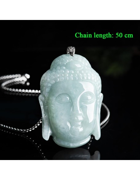 S925 Silver Inlaid With Natural Jadeite Ice Light Green, Large "Rudra Buddha Head" Men And Women With The Same Pendant Necklace