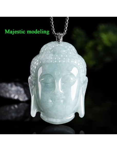 S925 Silver Inlaid With Natural Jadeite Ice Light Green, Large "Rudra Buddha Head" Men And Women With The Same Pendant Necklace