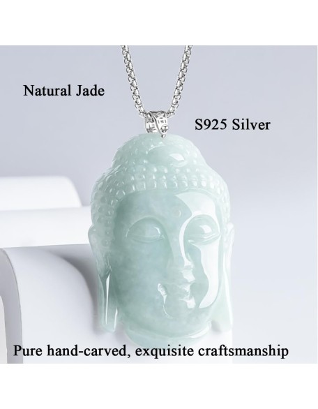 S925 Silver Inlaid With Natural Jadeite Ice Light Green, Large "Rudra Buddha Head" Men And Women With The Same Pendant Necklace