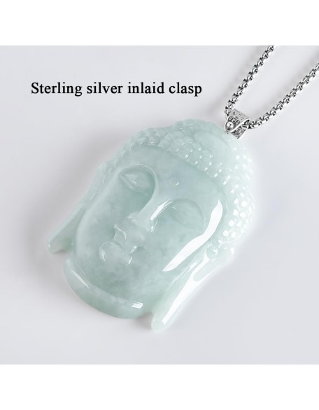 S925 Silver Inlaid With Natural Jadeite Ice Light Green, Large "Rudra Buddha Head" Men And Women With The Same Pendant Necklace