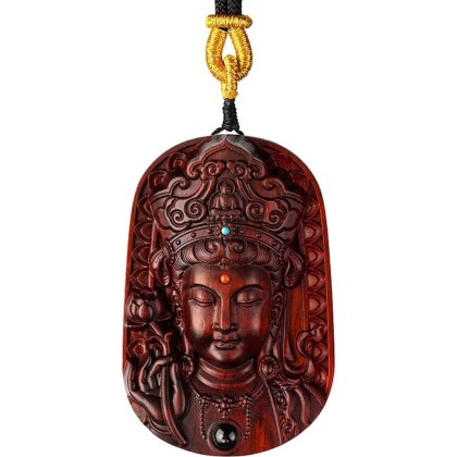 Sandalwood Buddha Statue Pendant Necklace, Feng Shui Rosewood Handmade Wood Carving, Tibetan Buddhist Jewelry for Zen Meditation Decor, Wealth Luck Amulet, Religion Gift