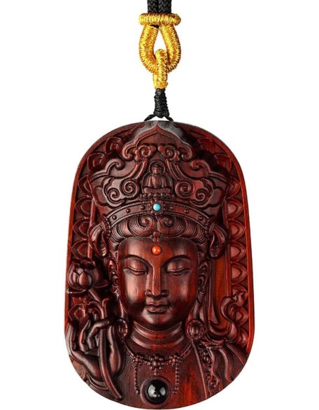 Sandalwood Buddha Statue Pendant Necklace, Feng Shui Rosewood Handmade Wood Carving, Tibetan Buddhist Jewelry for Zen Meditation Decor, Wealth Luck Amulet, Religion Gift