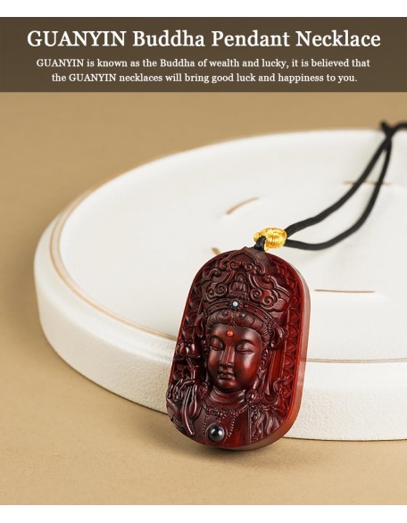 Sandalwood Buddha Statue Pendant Necklace, Feng Shui Rosewood Handmade Wood Carving, Tibetan Buddhist Jewelry for Zen Meditation Decor, Wealth Luck Amulet, Religion Gift