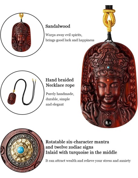 Sandalwood Buddha Statue Pendant Necklace, Feng Shui Rosewood Handmade Wood Carving, Tibetan Buddhist Jewelry for Zen Meditation Decor, Wealth Luck Amulet, Religion Gift