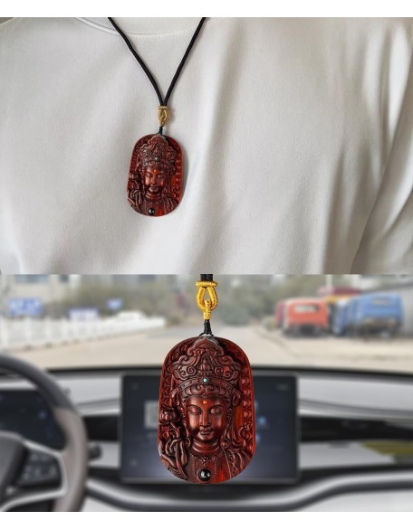 Sandalwood Buddha Statue Pendant Necklace, Feng Shui Rosewood Handmade Wood Carving, Tibetan Buddhist Jewelry for Zen Meditation Decor, Wealth Luck Amulet, Religion Gift