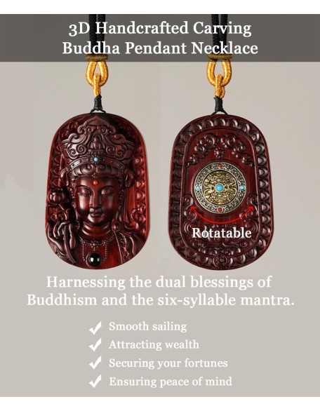 Sandalwood Buddha Statue Pendant Necklace, Feng Shui Rosewood Handmade Wood Carving, Tibetan Buddhist Jewelry for Zen Meditation Decor, Wealth Luck Amulet, Religion Gift