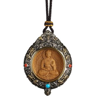 Silver Inlaid Sandalwood Buddha Necklace Pendant, Handmade Tibetan Buddhist Jewelry, Zen Meditation Decor, Feng Shui Amulet, Wealth Good Luck Projection, Ward Off Evil