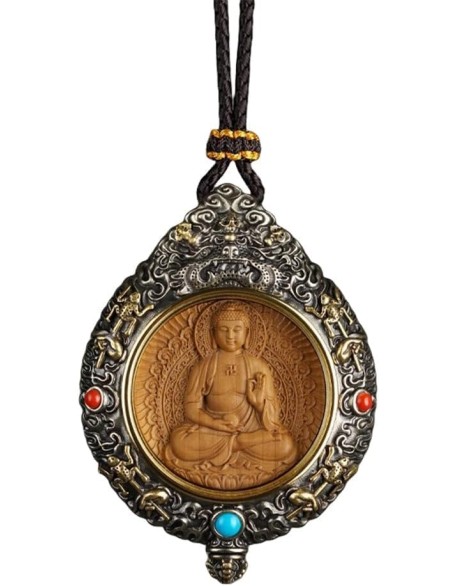 Silver Inlaid Sandalwood Buddha Necklace Pendant, Handmade Tibetan Buddhist Jewelry, Zen Meditation Decor, Feng Shui Amulet, Wealth Good Luck Projection, Ward Off Evil