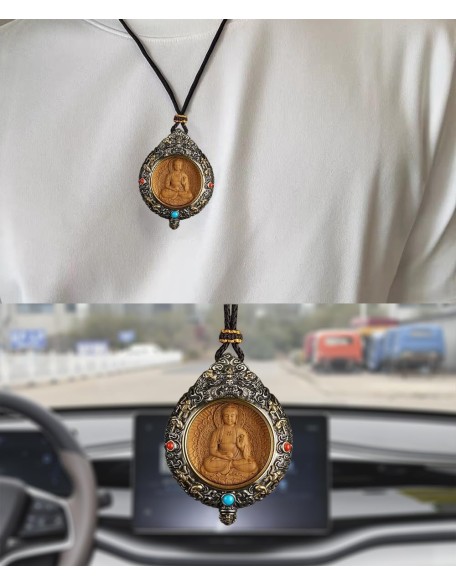 Silver Inlaid Sandalwood Buddha Necklace Pendant, Handmade Tibetan Buddhist Jewelry, Zen Meditation Decor, Feng Shui Amulet, Wealth Good Luck Projection, Ward Off Evil