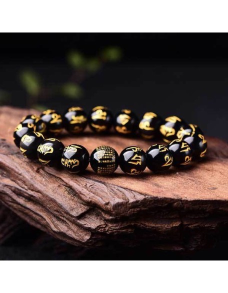 Obsidian Mani Mantra Bracelet - Luck & Protection