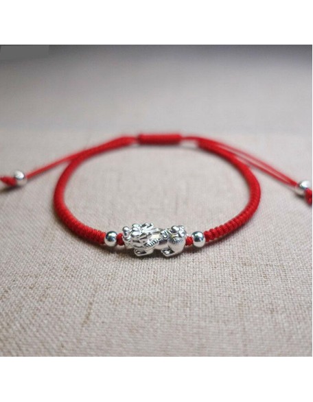 Red String Silver Pixiu Bracelet - Attract Windfall Luck