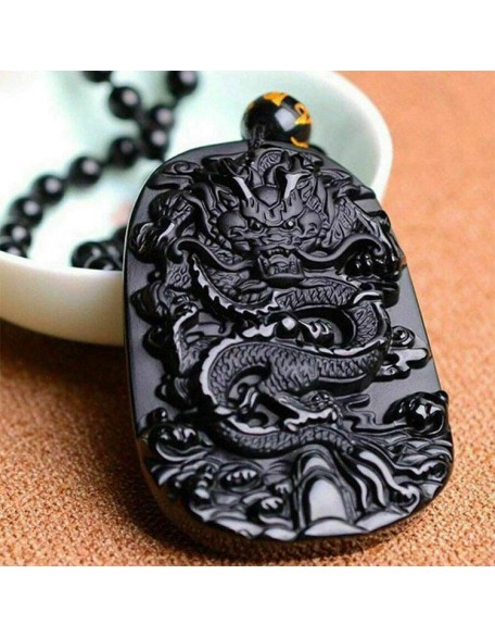 Natural Black Obsidian Dragon Necklace - Protection, Luck, Success