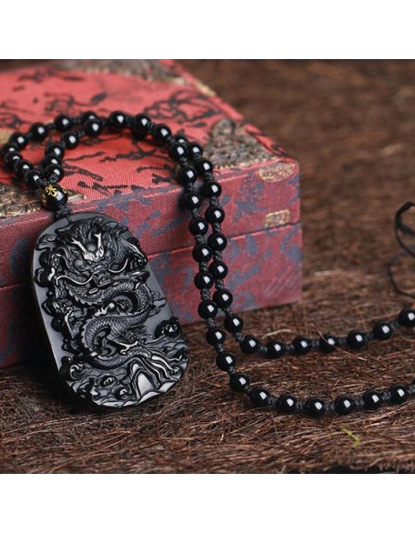 Natural Black Obsidian Dragon Necklace - Protection, Luck, Success