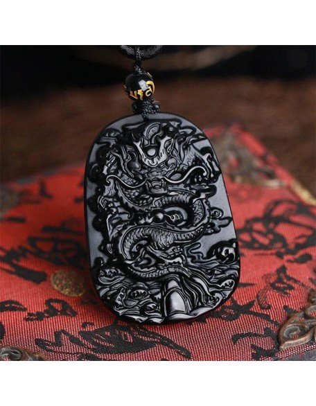 Natural Black Obsidian Dragon Necklace - Protection, Luck, Success