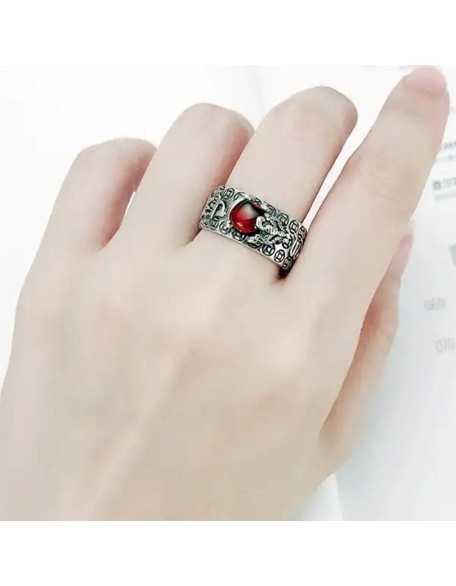 Natural Garnet Pixiu Ring - Feng Shui Wealth Ring