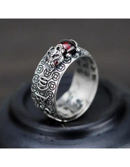 Natural Garnet Pixiu Ring - Feng Shui Wealth Ring