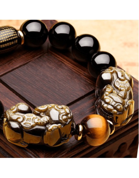 Natural Gold Obsidian Double Pixiu Bracelet