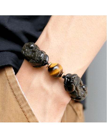 Natural Gold Obsidian Double Pixiu Bracelet