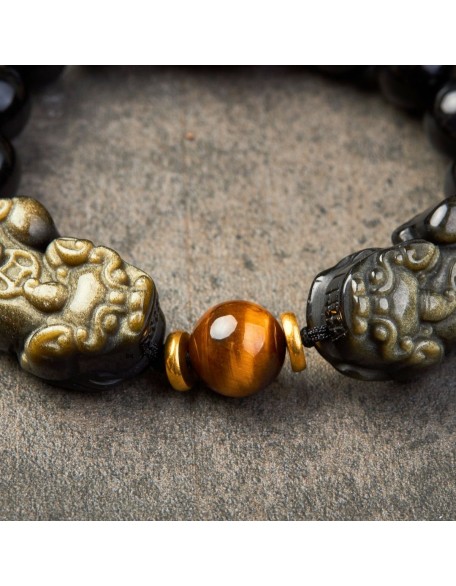 Natural Gold Obsidian Double Pixiu Bracelet