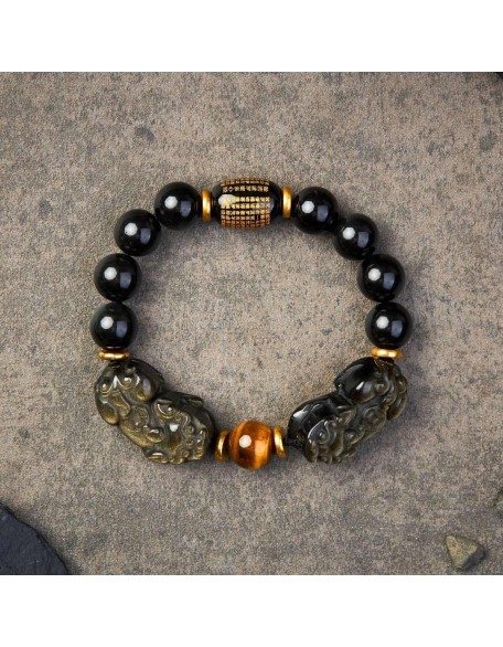 Natural Gold Obsidian Double Pixiu Bracelet