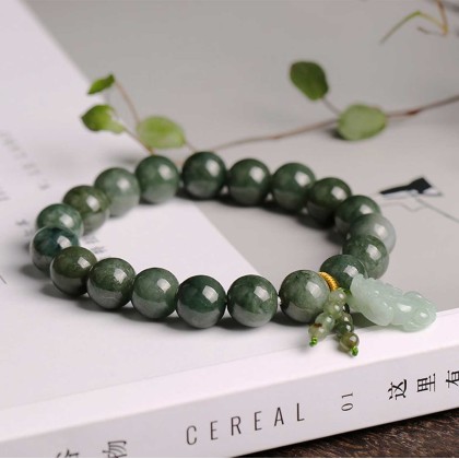 Green Jade Bracelet with Pixiu - Invite Wealth & Calming Energies