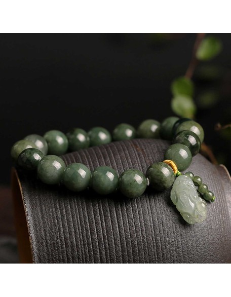 Green Jade Bracelet with Pixiu - Invite Wealth & Calming Energies