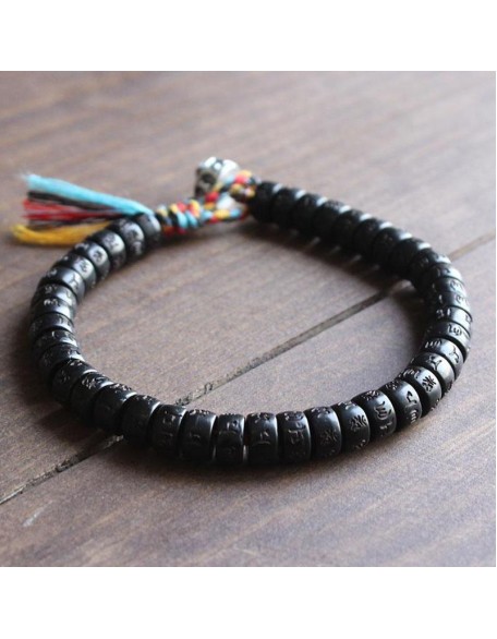 Coconut Shell Beads Bracelet with engraved Mantra - Attract Wisdom & Boost Spiritual Energy